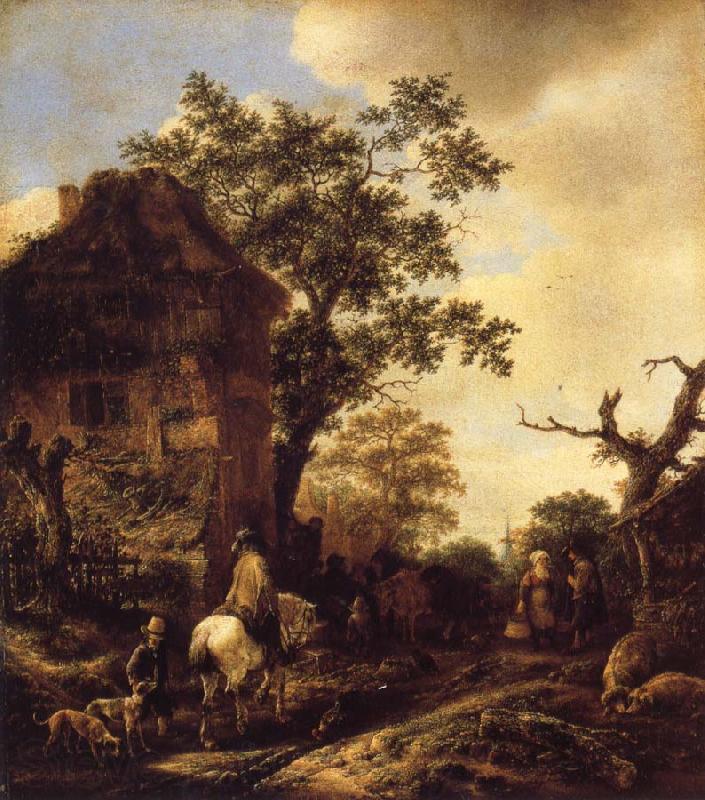 OSTADE, Isaack van The Outskirts of a Village,with a Horseman France oil painting art